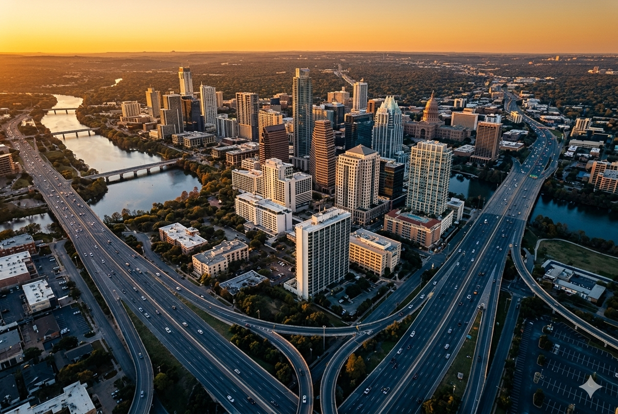 Aerial view of Austin TX skyline and major highways