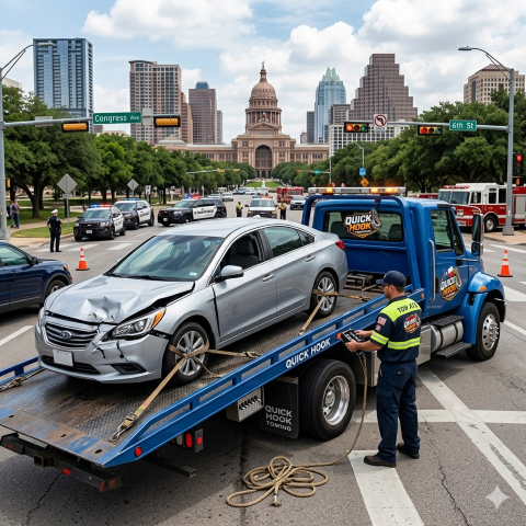 Damaged vehicle being loaded onto flatbed after accident