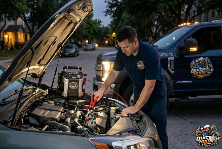 Technician jumpstarting car battery roadside in Austin TX