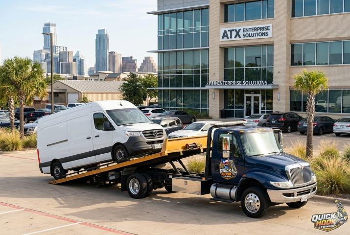 Commercial vehicle being towed from business lot