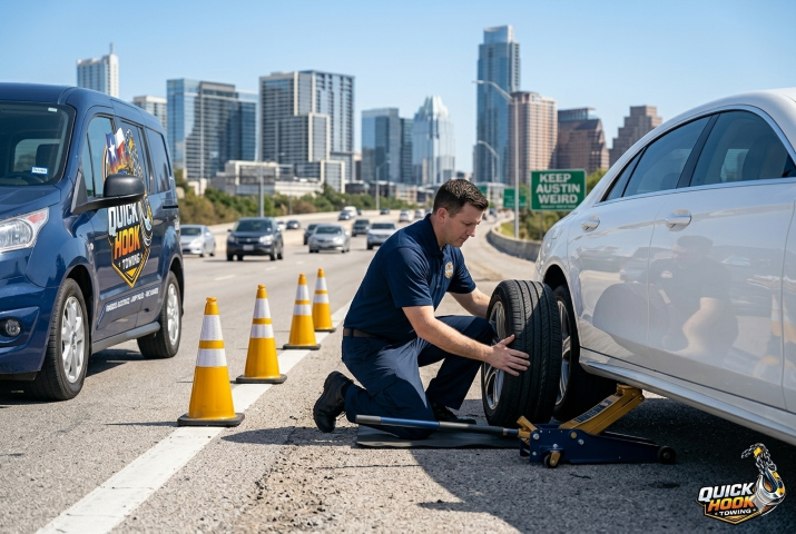 Roadside flat tire change service in Austin TX