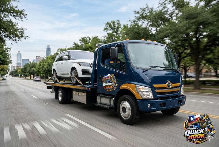 Flatbed tow truck transporting vehicle safely in Austin TX