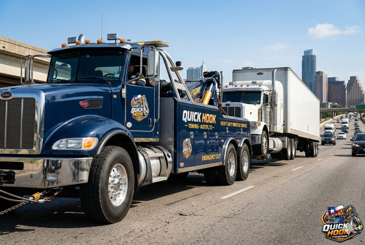 Heavy duty wrecker towing semi-truck in Austin TX