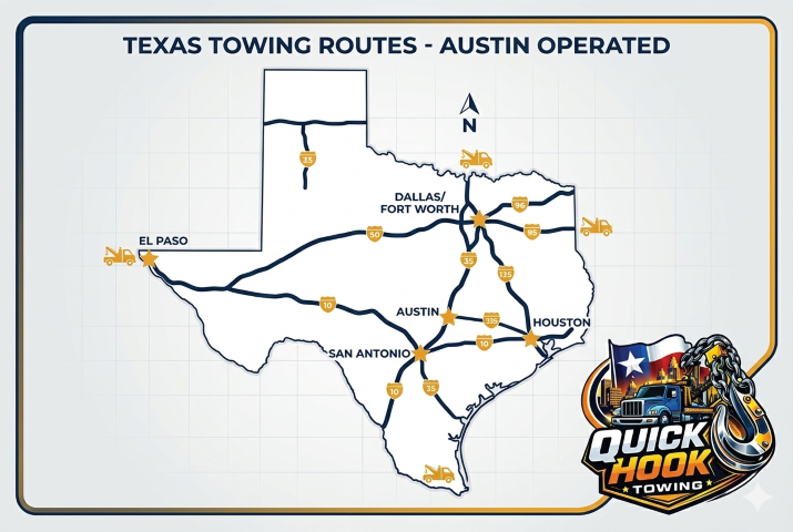 Map of long distance towing routes from Austin TX