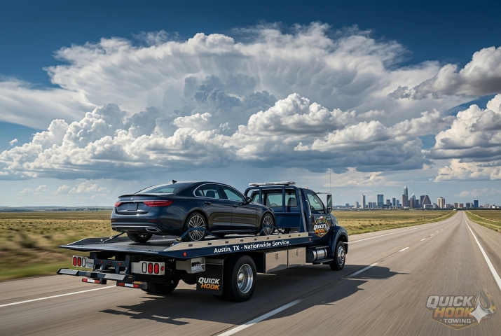 Long distance tow truck on Texas highway transporting vehicle