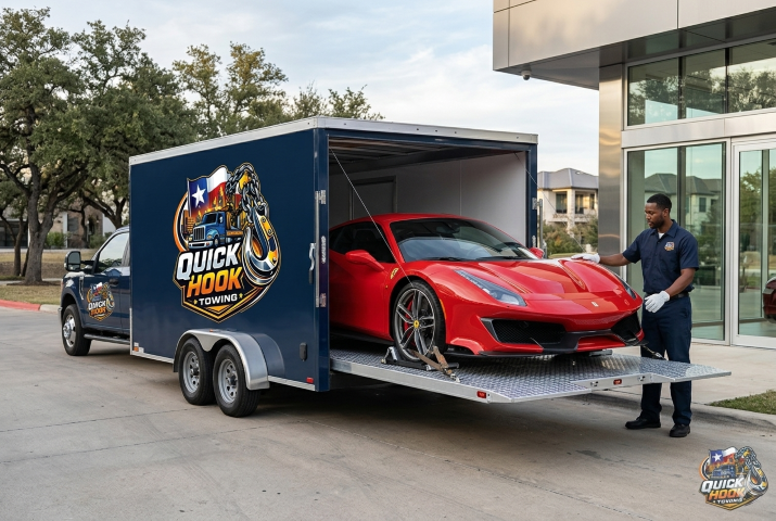 Luxury exotic car being transported on enclosed flatbed in Austin TX