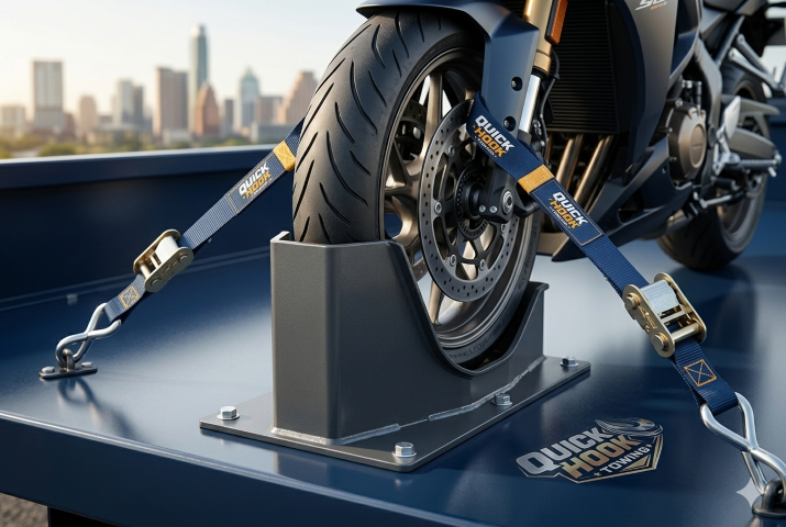 Motorcycle wheel chock and soft-loop tie-down straps