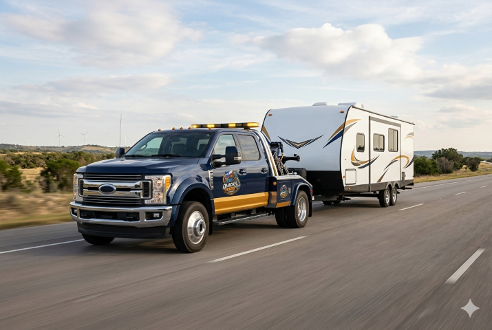 Travel trailer being transported on Texas highway