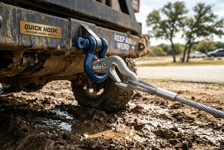 Winch cable attached to vehicle during recovery operation