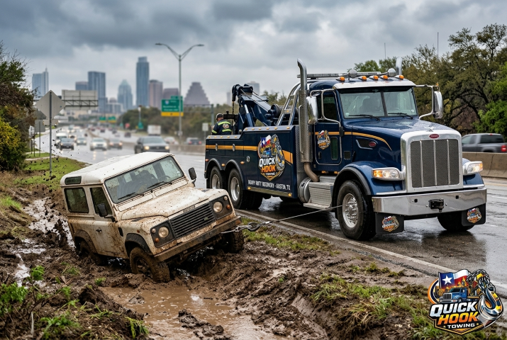 Winch-out vehicle recovery from ditch in Austin TX